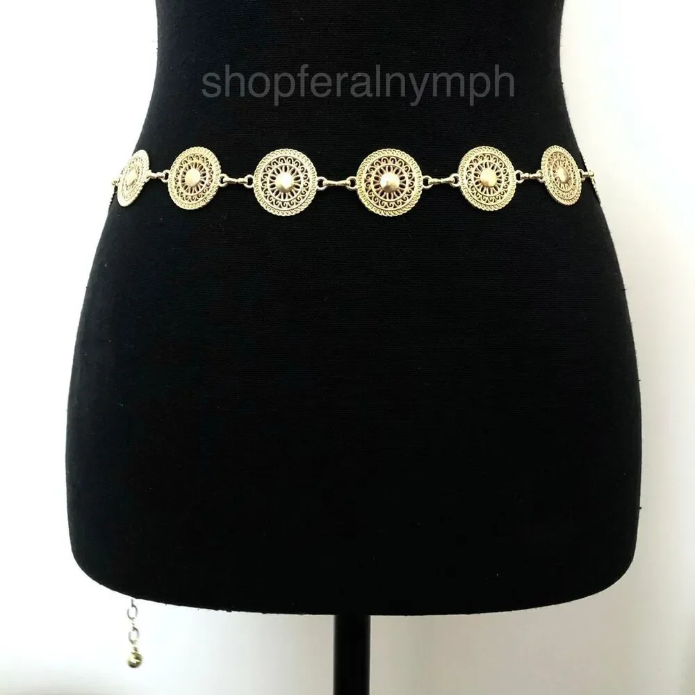 Gold Y2K Round Medallion Indie Body Chain Belt, Fits 24-40 Inches, X7GA1237